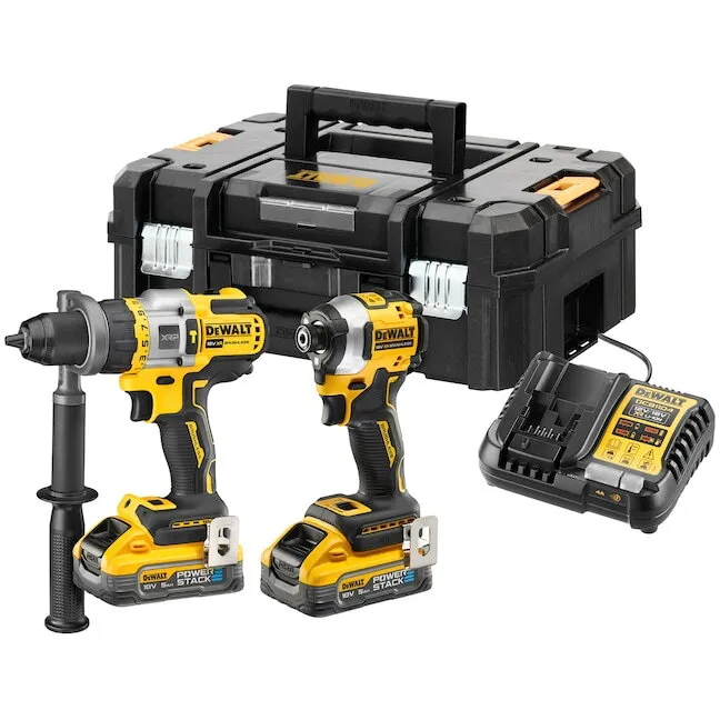 Dewalt Set 2 scule profesionale pe acumulator DeWALT DCK2052H2T, 18V XR, Motor fara perii, Masina de gaurit cu percutie DCD999, Masina de insurubat cu impact DCF850, 2x acumulator Li-Ion 5 Ah POWERSTACK, Incarcator rapid, Cutie transport TSTAK