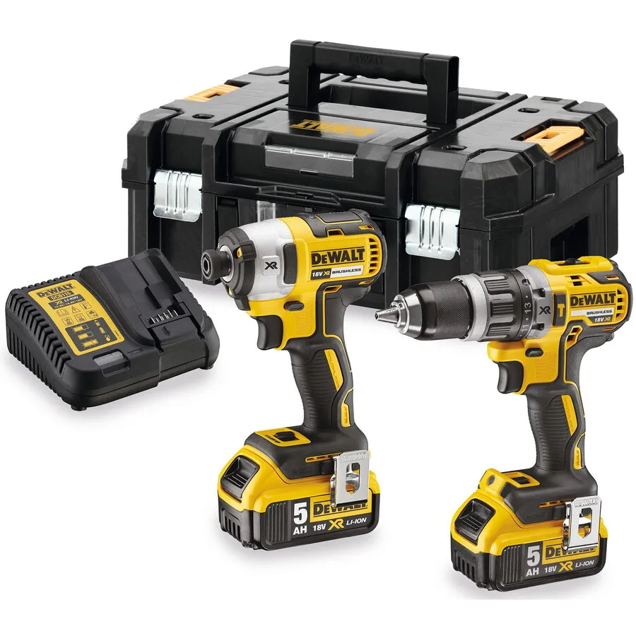 Dewalt Set 2 scule profesionale pe acumulator DeWALT DCK266P2T, 18V XR, motor fara perii, masina de gaurit cu percutie DCD796, masina de insurubat cu impact DCF887, 2x acumulator Li-Ion 5 Ah, incarcator rapid, cutie transport TSTAK, Negru-Galben
