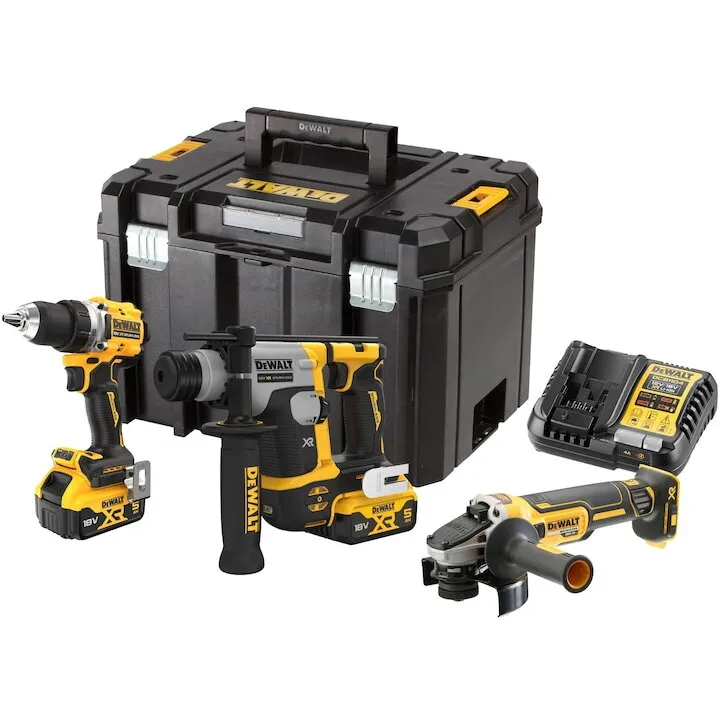 Dewalt Set 3 scule cu acumulator Dewalt 18V, Masina de gaurit si insurubat DCD800 brushless, Ciocan rotopercutor DCH172, Polizor unghiular DCG405 125mm, 2 Acumulatori XR Li-Ion 18V de 5 Ah, Incarcator XR 10.8 – 18 V DCB115-QW si Cutie pentru transport