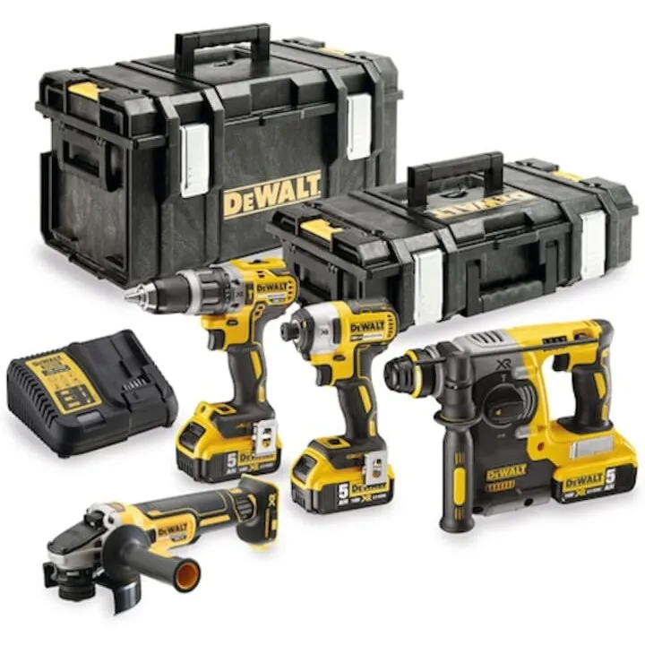Dewalt Set 4 scule profesionale pe acumulator DeWALT DCK422P3, 18V, masina de gaurit DCD796, masina de insurubat cu impact DCF887, polizor DCG405, ciocan rotopercutor DCH273, 3 acumulatori 5Ah, incarcator rapid, cutii transport TSTAK