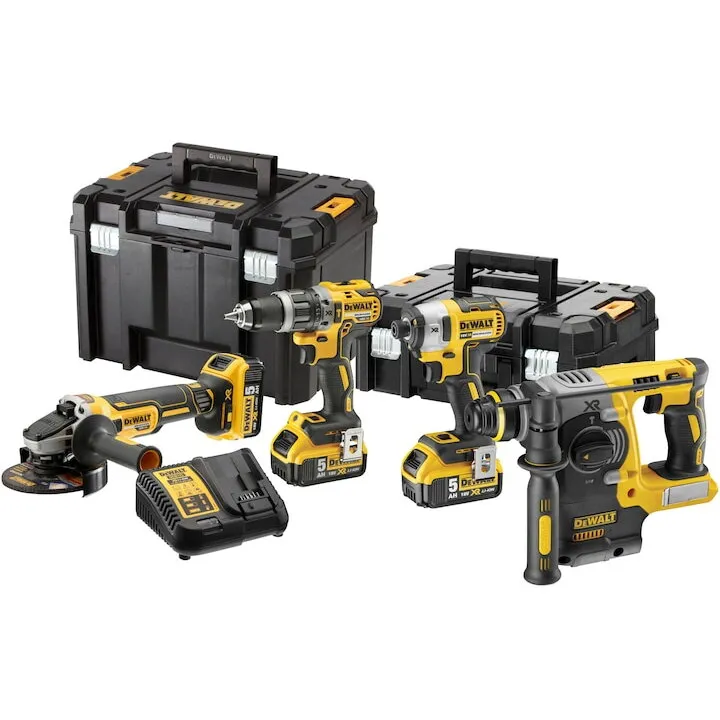Dewalt Set de 4 scule profesionale pe acumulator DeWALT DCK422P3T, 18 V, include: masina de gaurit DCD796, masina de insurubat cu impact DCF887, polizor DCG405, ciocan rotopercutor DCH273, 3x acumulator, incarcator rapid, cutii transport TSTAK DS150 + DS