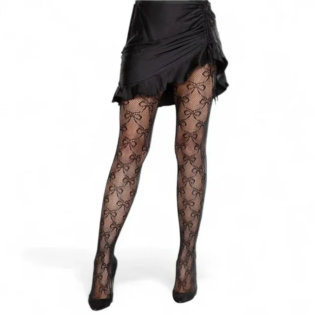 Dresuri sexy LEG AVENUE Fishnet Tights with Bow, design cu plasă și funde, negru, mărime universală (9236)