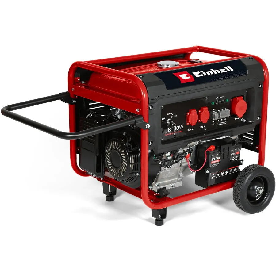 Einhell Generator de curent Einhell TC-PG 8000 putere maxima 8000 W, consum 2.56 l/h, rezervor 25 L, motor in 4 timpi, 2x 230 V, 1x 400 V, intrerupator de ulei scazut), Rosu-Negru