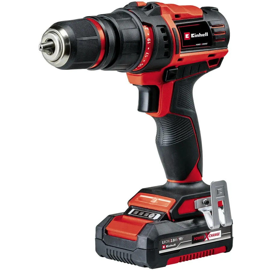 Einhell Masina de gaurit/insurubat (bormasina) pe acumulator Einhell Power X-Change TE-CD 18/45 3X-Li +22, 18 V, 1600 RPM, 45 Nm, 21 trepte de cuplu, 13 mm mandrina, acumulator 2 Ah, incarcator, Negru-Rosu