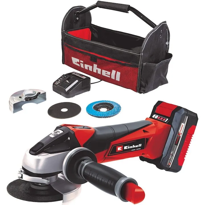 Einhell Polizor unghiular pe acumulator Einhell TE-AG 18/115 Li Kit Power X-Change 18 V, 115 mm diametru disc , 28 mm adancime de taiere, disc de taiere, disc de slefuit, acumulator 4 Ah, incarcator