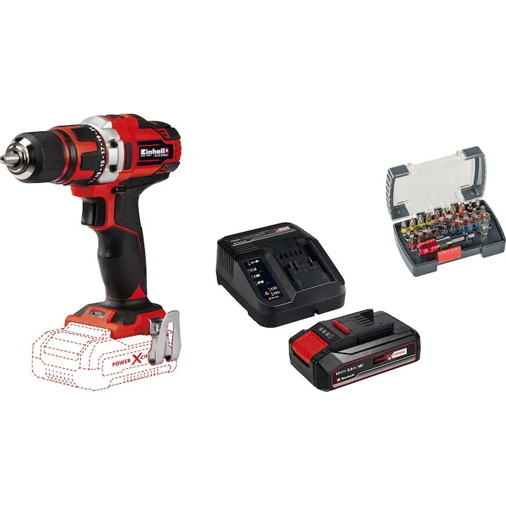 Einhell Set masina de gaurit si insurubat (bormasina) pe acumulator Einhell PXC TE-CD 18/40 Li-Solo, 18 V, 40 Nm, Viteza 1500 RPM, 2 viteze, 13 mm mandrina + Starter Kit PXC acumulator 18 V, 2.5 Ah, incarcator + set 32 biti KWB 50+70 mm