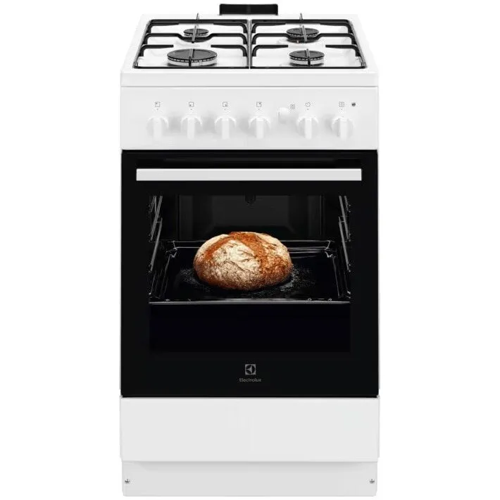 Electrolux Aragaz Electrolux, Gaz, 4 arzatoare, Aprindere integrata plita si cuptor, Siguranta plita si cuptor, Autocuratare catalitica, Grill electric, Rotisor, 50 cm, Alb