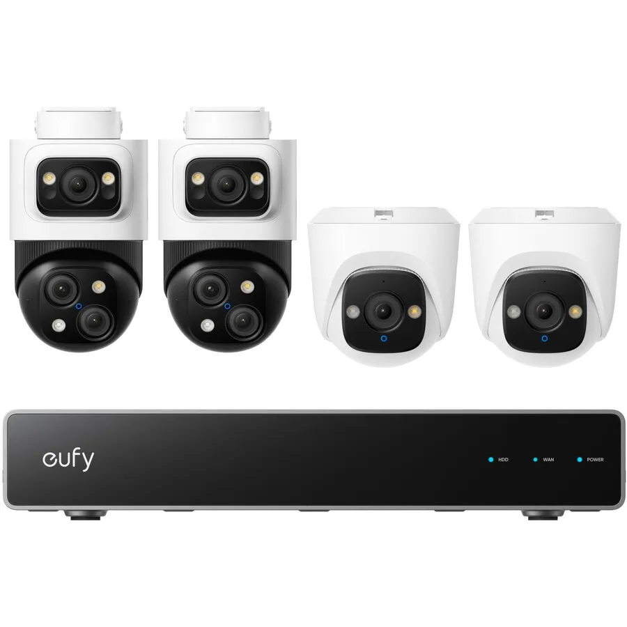 eufy Kit supraveghere video eufy NVR S4, AI, Dual View, Night Vision Color, cu 2 camere PoE Bullet si 2 camere PoE Turret