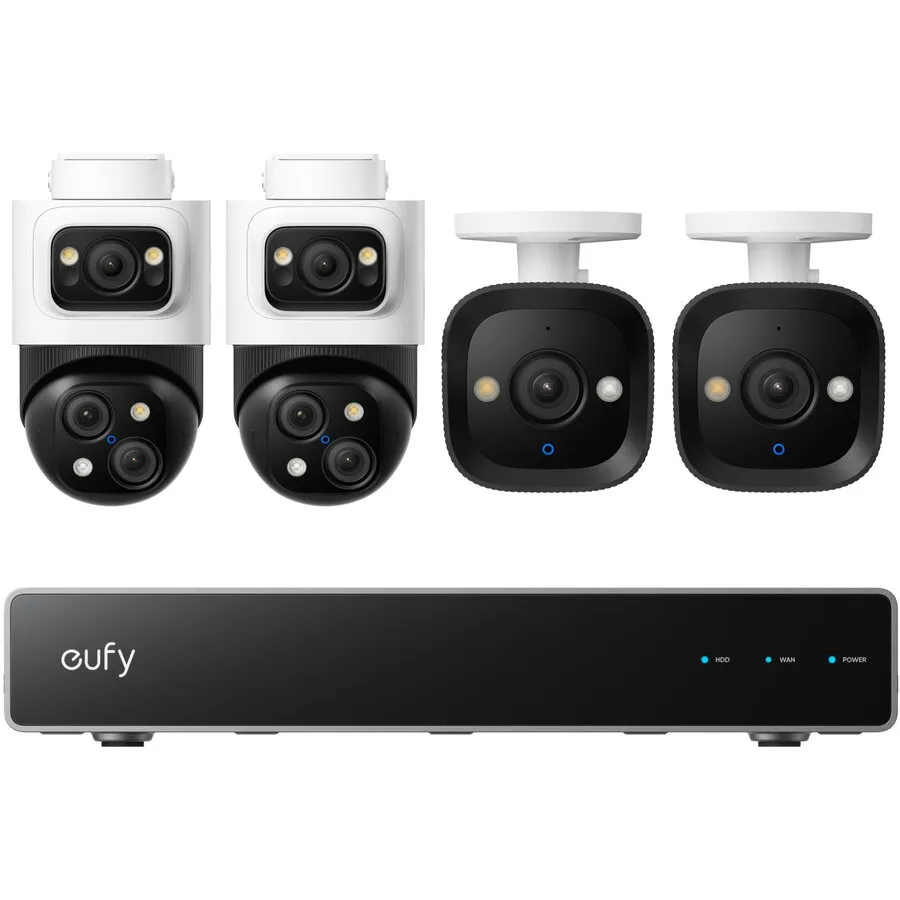 eufy Kit supraveghere video eufy NVR S4, Rezolutie 4K, Night Vision Color, AI, Dual View, cu 2 camere PoE Bullet-PTZ si 2 camere PoE Turret