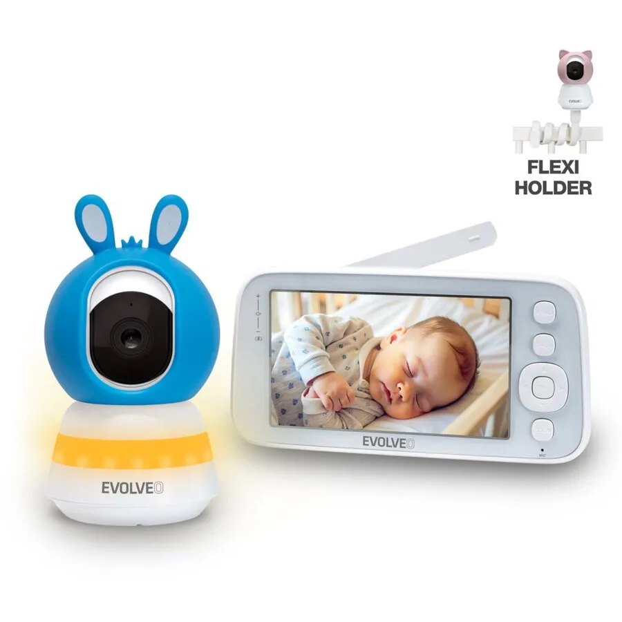 Evolveo Set monitor video inteligent pentru copii EVOLVEO Baby Monitor N5, monitorizare la 360°, Detectie miscare, plans, temperatura, umiditate, cantece de leagan, albastru