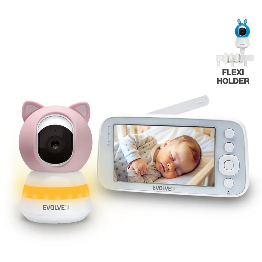 Evolveo Set monitor video inteligent pentru copii EVOLVEO Baby Monitor N5, monitorizare la 360°, Detectie miscare, plans, temperatura, umiditate, cantece de leagan, roz