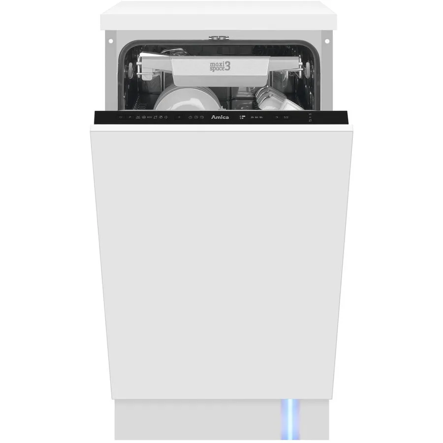 AMICA Masina de spalat vase incorporabila Amica DIM42E6EBqO, 45 cm, 10 seturi, 6 programe, 3 sertare, Clasa E, ECO, AquaStop, Dedurizare, HalfLoad, indicator luminos albastru, Alb