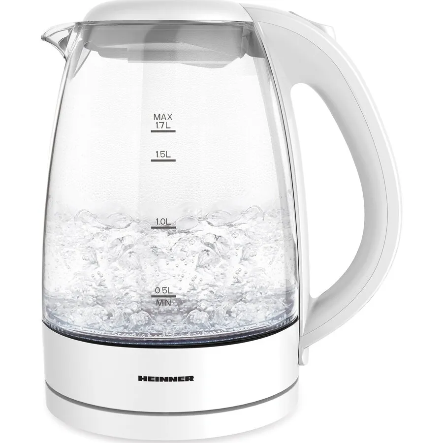 HEINNER Fierbator electric Heinner HEK-2200GWH, 1850-2200W, 1.7L, filtru detasabil, baza incalzire cu lumina LED, protectie impotriva functionarii fara apa, oprire automata, spatiu depozitare, cablu alimentare, picioruse antialunecare, corp din sticla, A