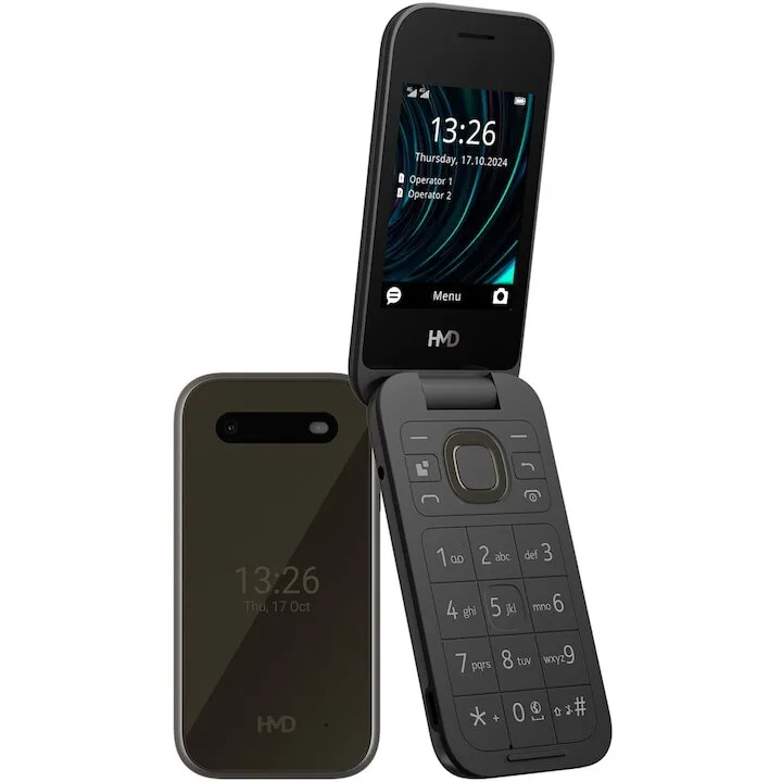HMD Telefon mobil HMD 2660 Flip, procesor Unisoc T107, 64 MB RAM, Dual SIM, baterie 1450 mAh, 4G, Negru
