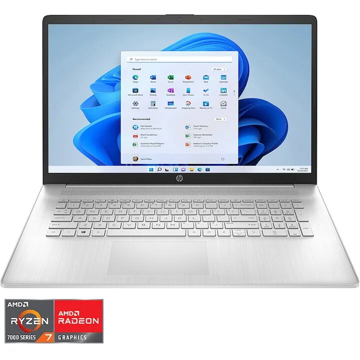 HP Laptop HP 17-cp3000nq, procesor AMD Ryzen™ 7 7730U pana la 4.50 GHz, 17.3 inch, Full HD, IPS, 16GB DDR4, 1TB SSD, AMD Radeon™ Graphics, Windows 11 Home, Argintiu
