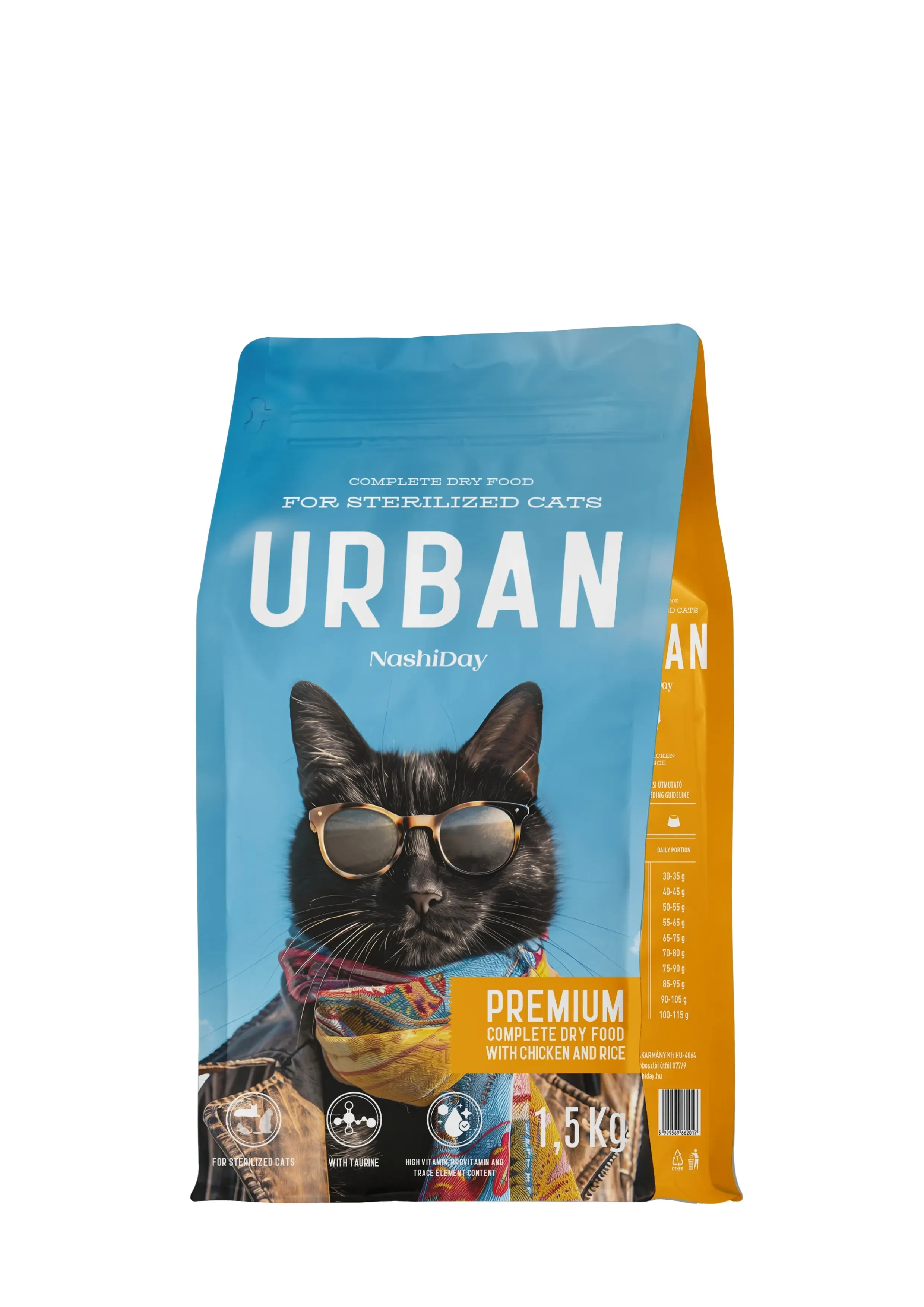 Hrana Premium Uscata Pisici Sterilizate, NashiDay Urban, Pui si Orez, 1.5 kg