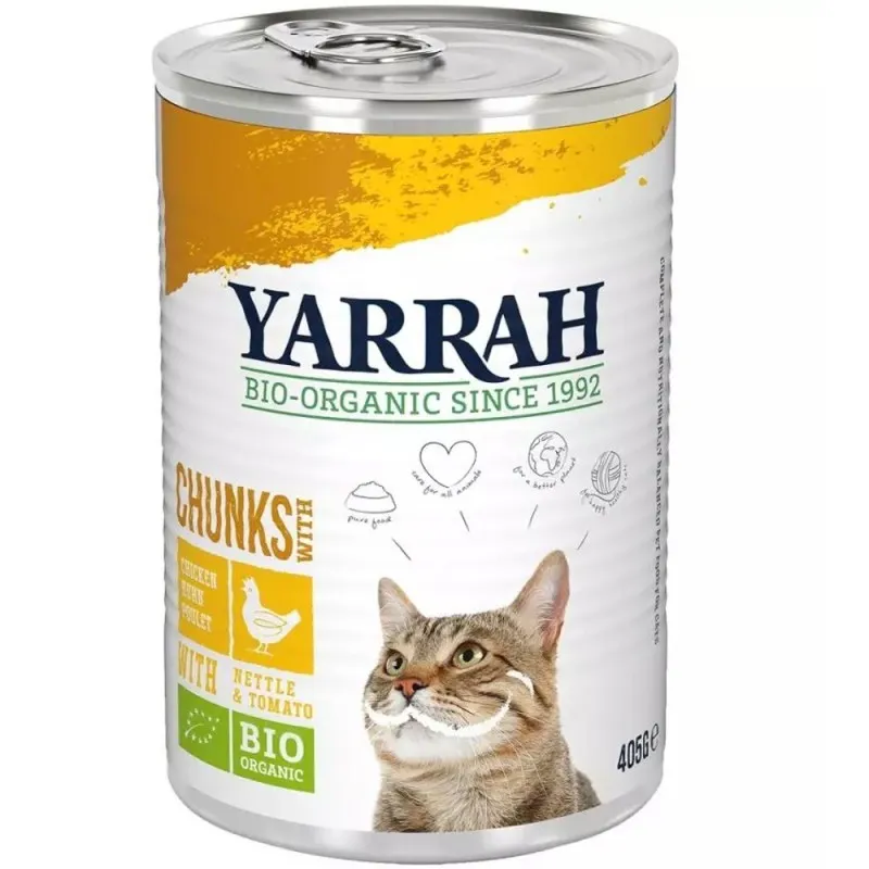 Hrana Umeda Bio pentru Pisici, Bucati de Pui cu Urzica si Tomate, 405 g, Yarrah