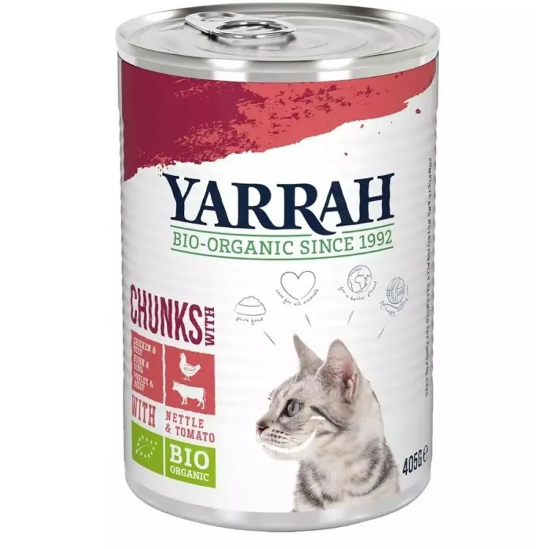 Hrana Umeda Bio pentru Pisici, Bucati de Pui si Vita in Sos, 405 g, Yarrah