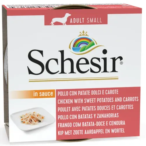 Hrana umeda caini, Schesir Dog Adult Small Chicken with Sweet Potatoes in Sauce, 85 g