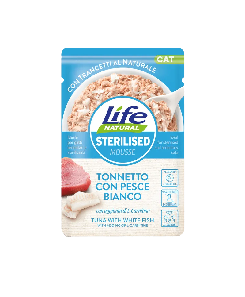 Hrana Umeda Pisici, Life Natural Sterilizat Mousse Ton si Peste Alb, 70 g