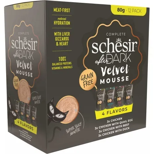 Hrana umeda pisici, Schesir After Dark Cat Multipack Velvet Mousse, 12x80 g