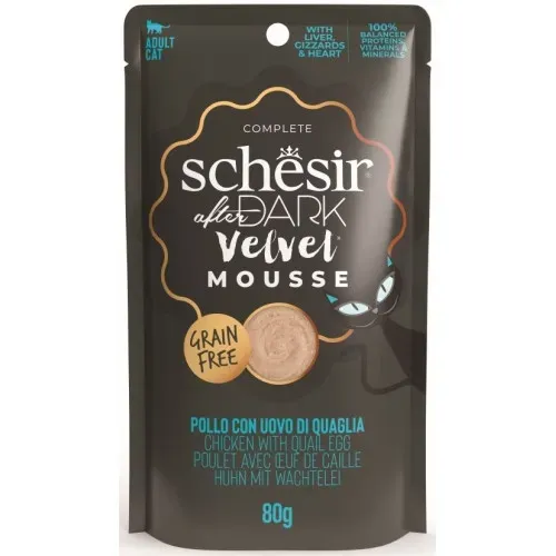 Hrana umeda pisici, Schesir After Dark Cat Velvet Mousse Pui si Ou de Prepelita, 80 g