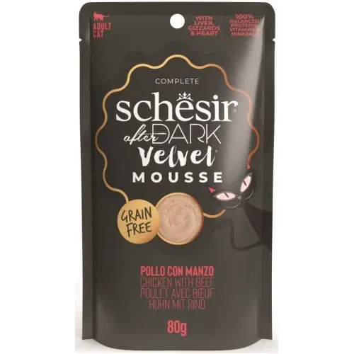 Hrana umeda pisici, Schesir After Dark Cat Velvet Mousse Pui si Vita, 80 g