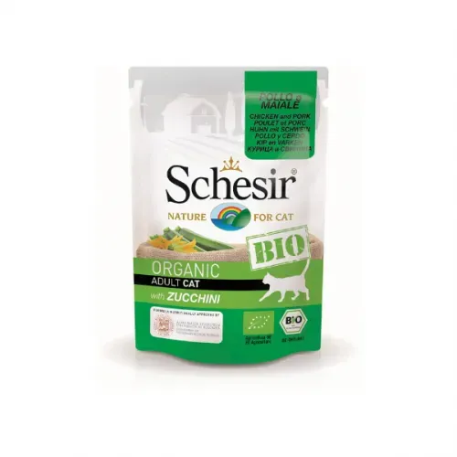 Hrana umeda pisici, Schesir Bio For Cat, Pui, Porc şi Zucchini, 85 g