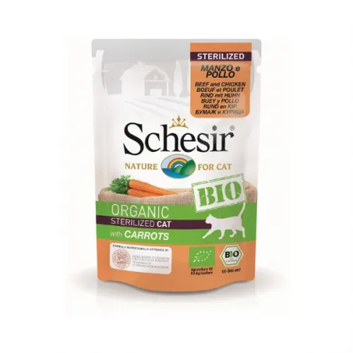 Hrana umeda pisici, Schesir Bio For Sterilized Cat, Vita, Pui si Morcovi, 85 g