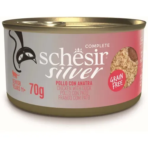 Hrana umeda pisici, Schesir Silver Mousse si Filet Cat Pui si Rata, 70 g
