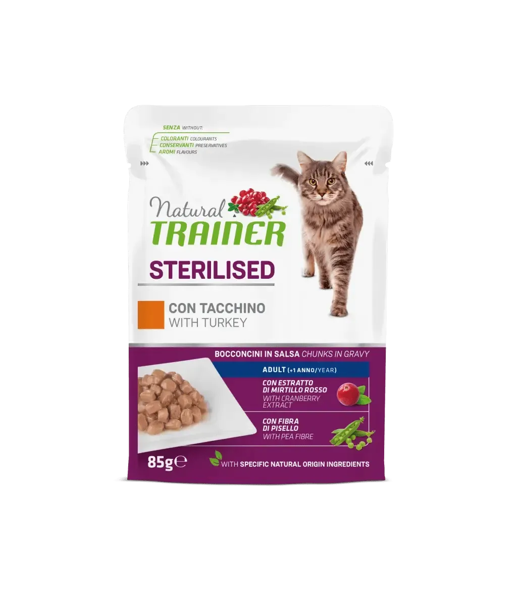 Hrana Umeda Pisici Sterilizate, Natural Trainer, Curcan in Sos, 85 g