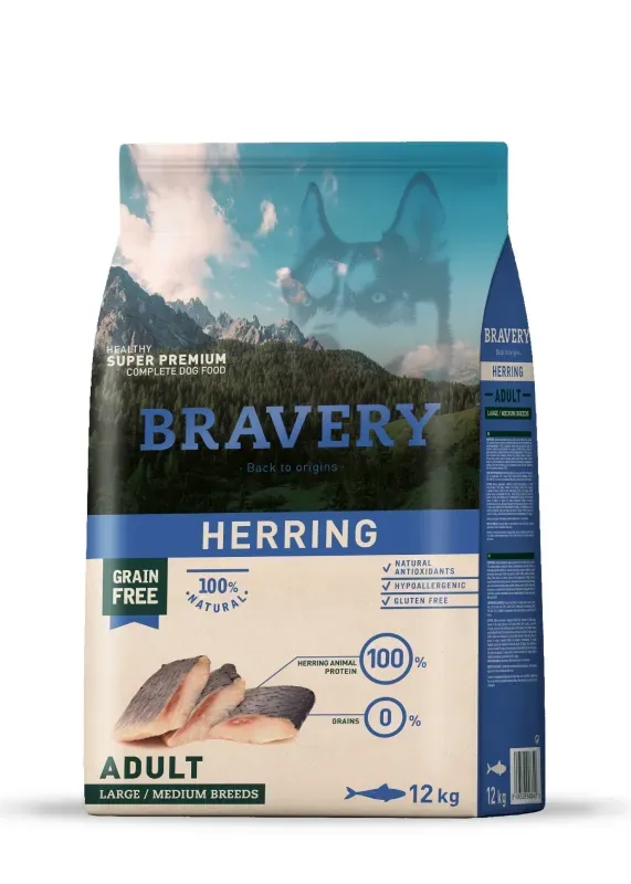 Hrana Uscata Caini, Bravery Dog, Large-Medium Adult, Hering, 12 kg