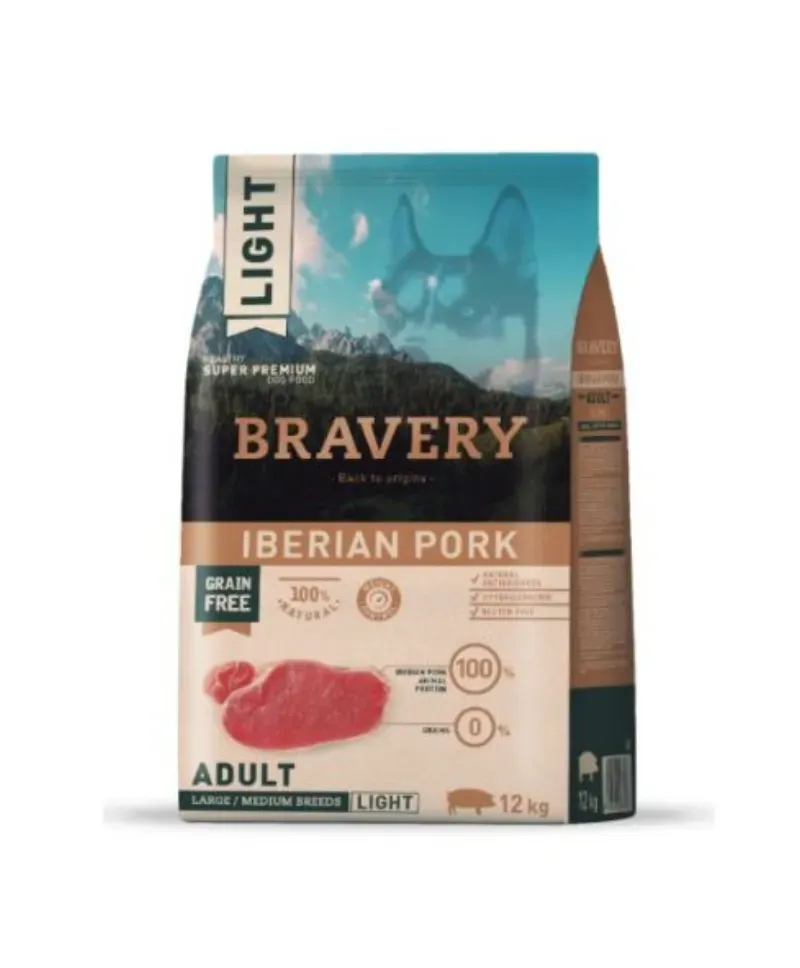 Hrana Uscata Caini, Bravery Dog, Large-Medium Light Adult, Porc Iberic, 12 kg
