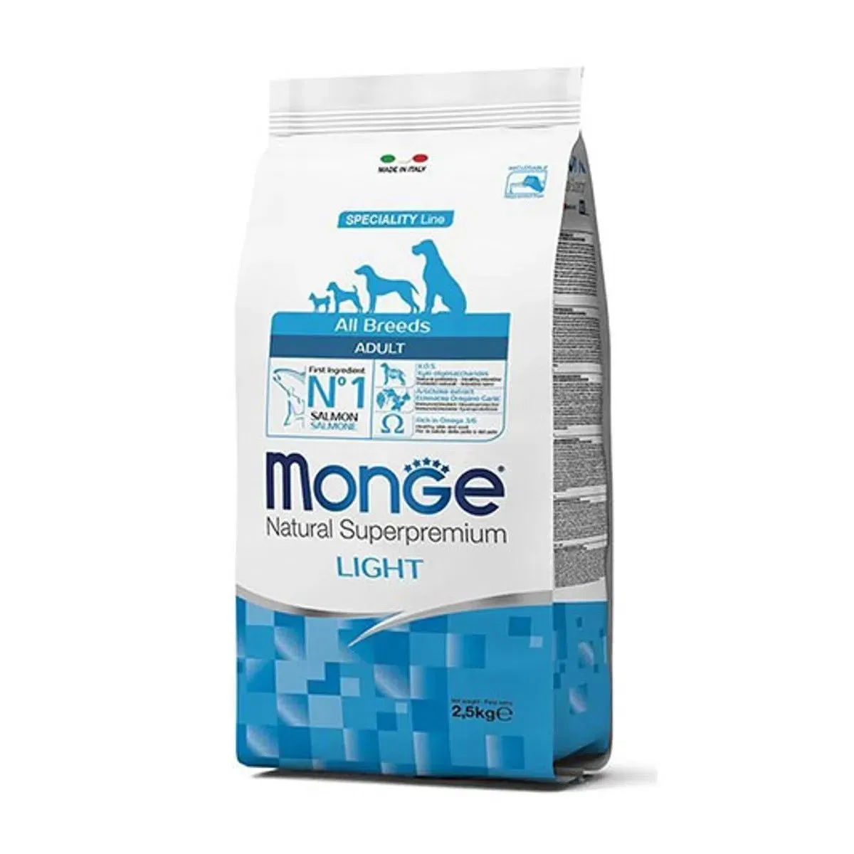 Hrana uscata caini, Monge Natural Superpremium All Breeds Adult Light, Somon & Orez, 12 kg