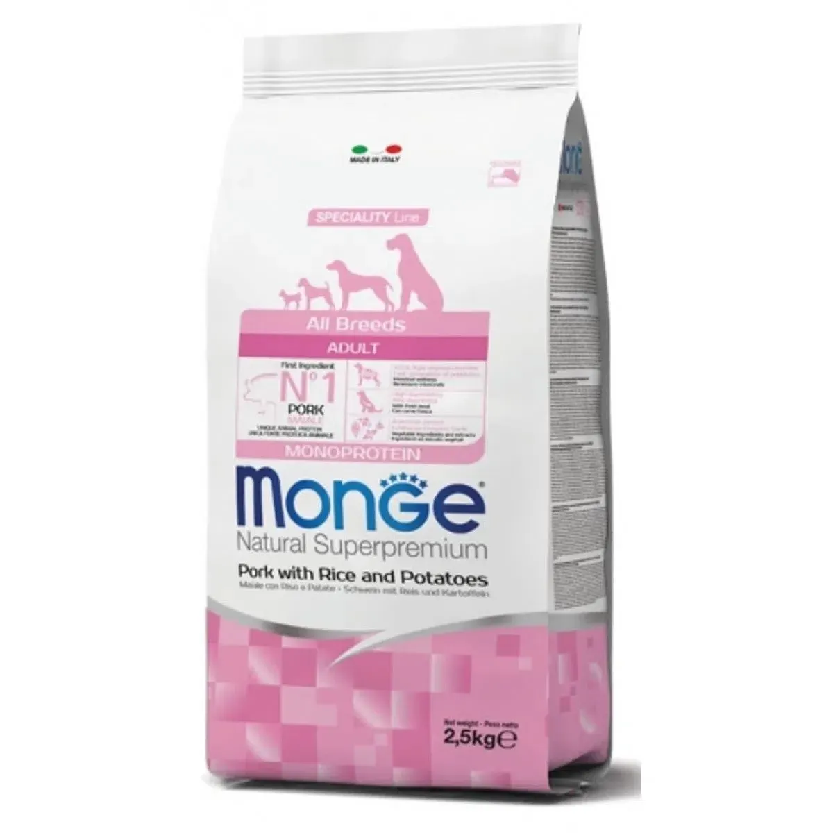 Hrana uscata caini, Monge Natural Superpremium All Breeds Adult, Porc, Orez & Cartofi, 2.5 kg