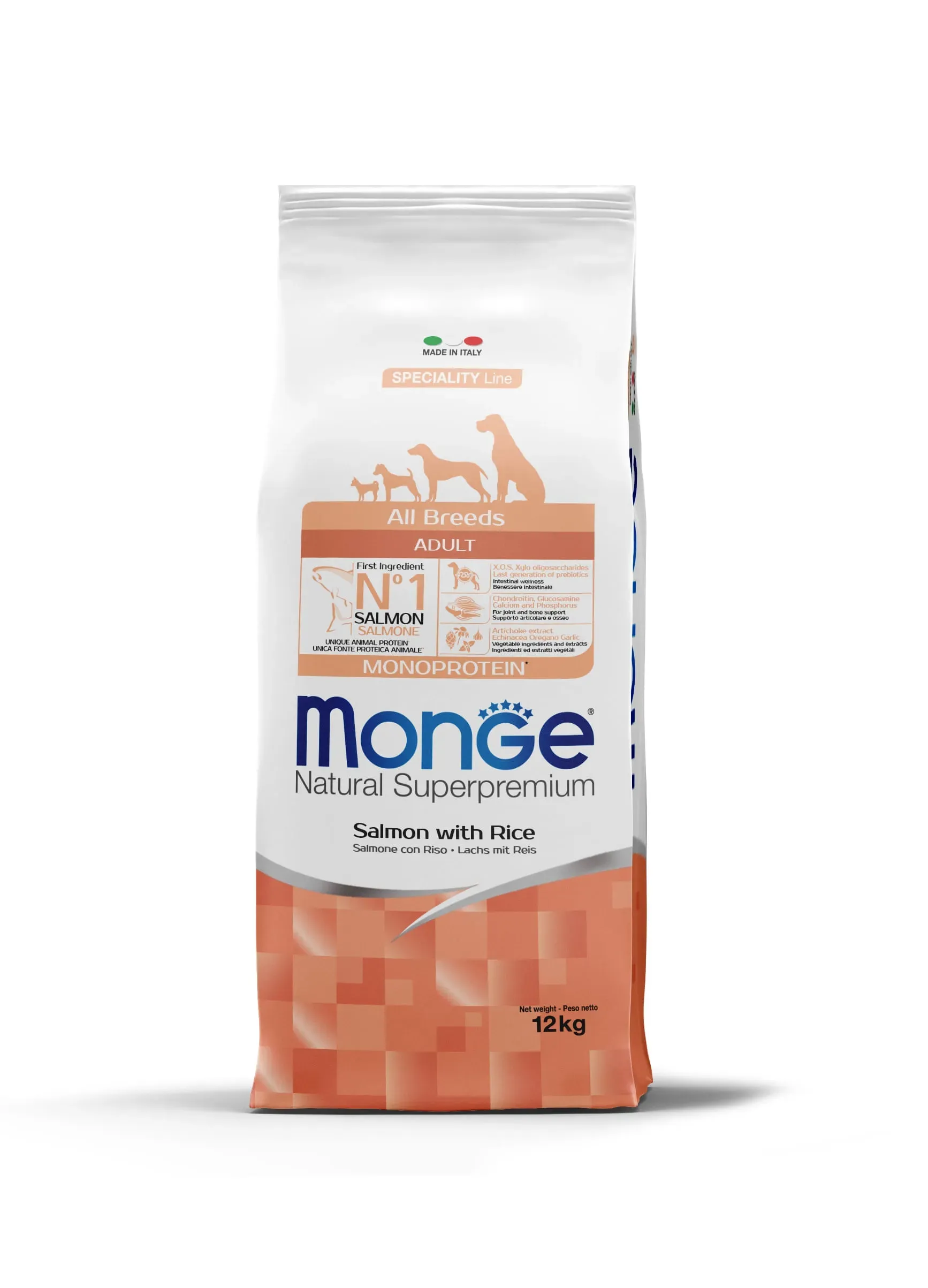 Hrana uscata caini, Monge Natural Superpremium All Breeds Adult, Somon & Orez, 12 kg