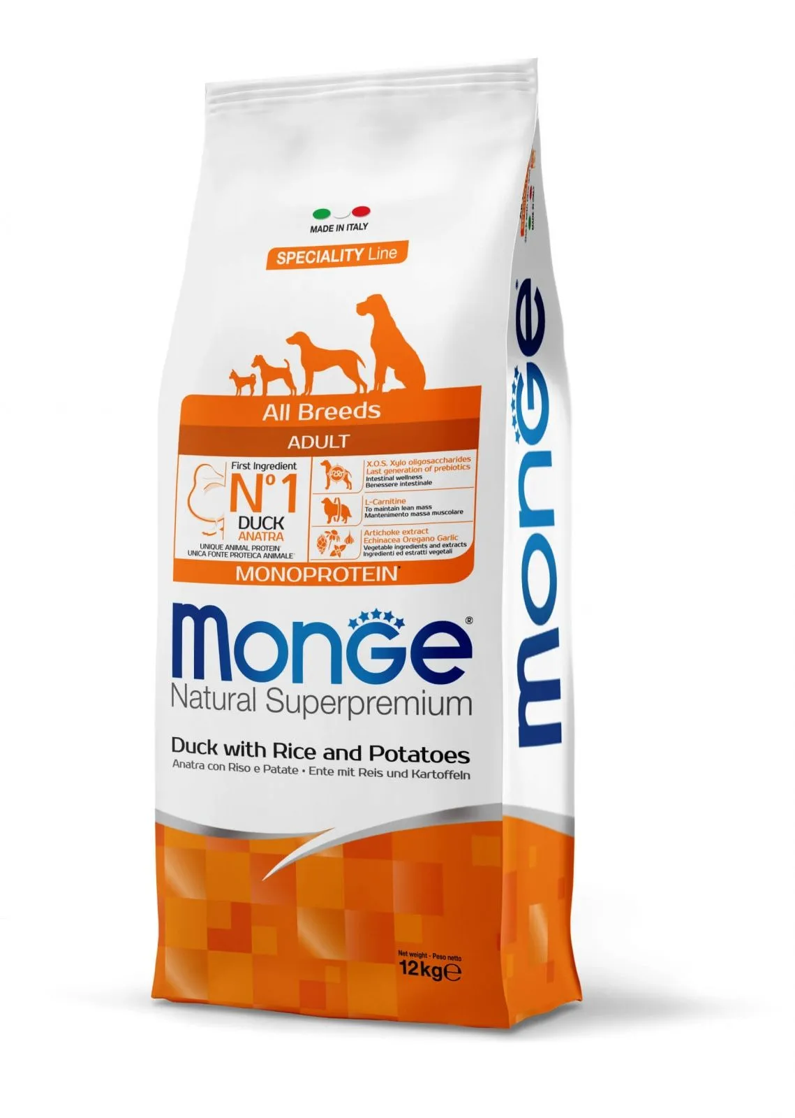 Hrana uscata caini, Monge Natural Superpremium Monoprotein Adult All Breeds, Rata & Orez, 12 kg
