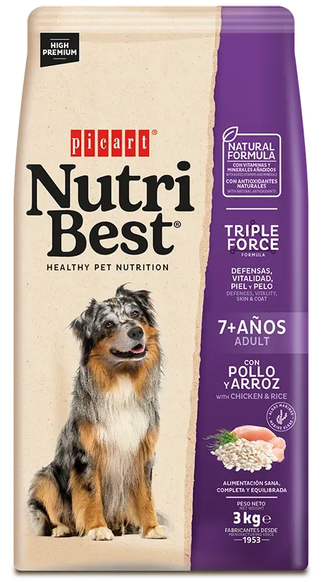 Hrana Uscata Caini Premium, NutriBest Adult Dog 7+, Pui si Orez, 3 kg