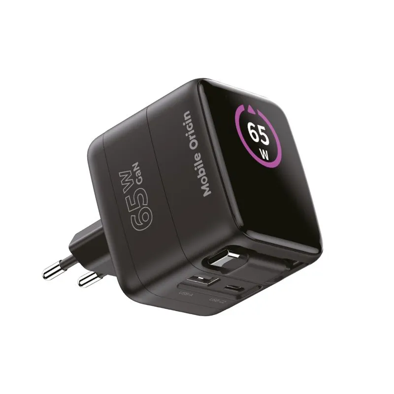 Incarcator retea Mobile Origin GaN Display Charger PW3, 65W, 3A, 2x USB-C, 1x USB-A, Fast Charging, Negru