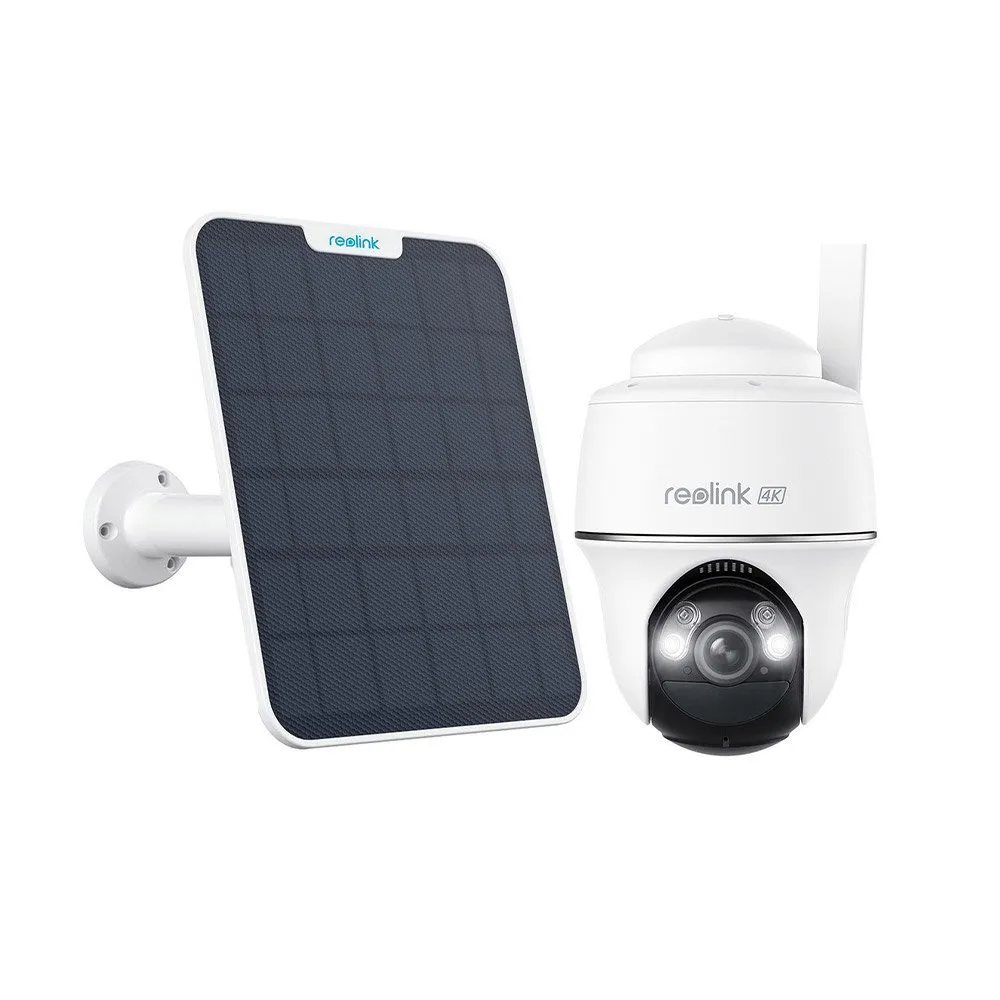 Kit camera supraveghere wireless WiFi rotativa Speed Dome cu panou solar Reolink Argus PT Ultra B440, 4K, IR/lumina alba 10 m, microfon si difuzor, dual band, PIR, acumulator, + card 64GB inclus