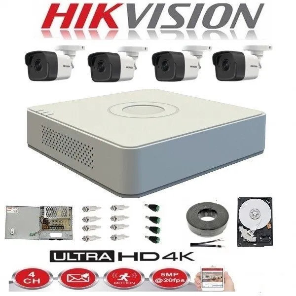 Kit complet 4 camere supraveghere exterior 5MP TurboHD Hikvision IR 25M DVR 4 Canale sursa alimentare accesorii + hard 1TB