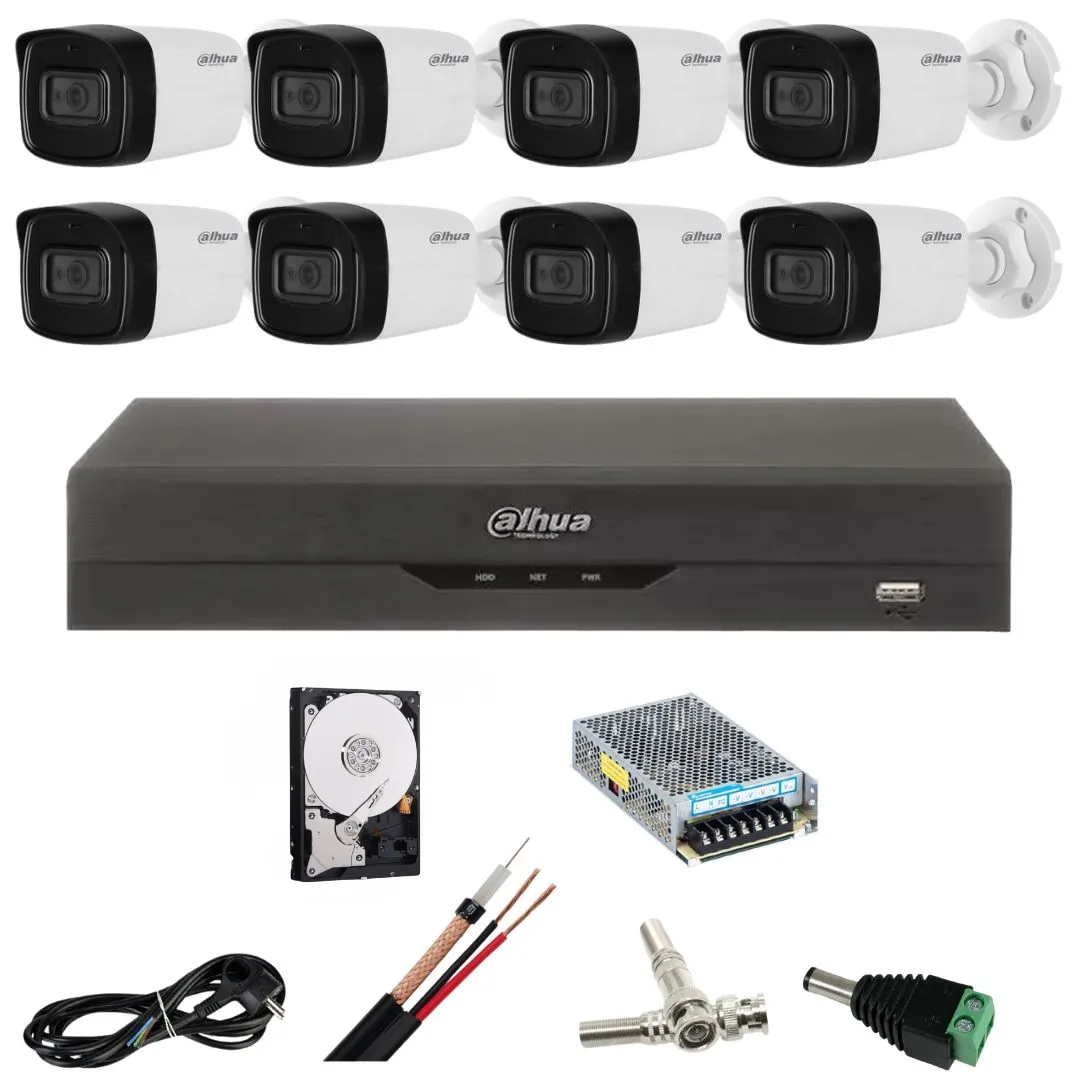 Kit de supraveghere Dahua cu 8 camere de 5 Megapixeli, Infrarosu 80m, DVR cu 8 canale, Hard Disk 2 TB, Accesorii