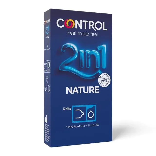 Kit prezervative CONTROL 2 in 1 Nature, conține prezervativ + gel lubrifiant, din latex, diametru 54 mm, 3 buc.