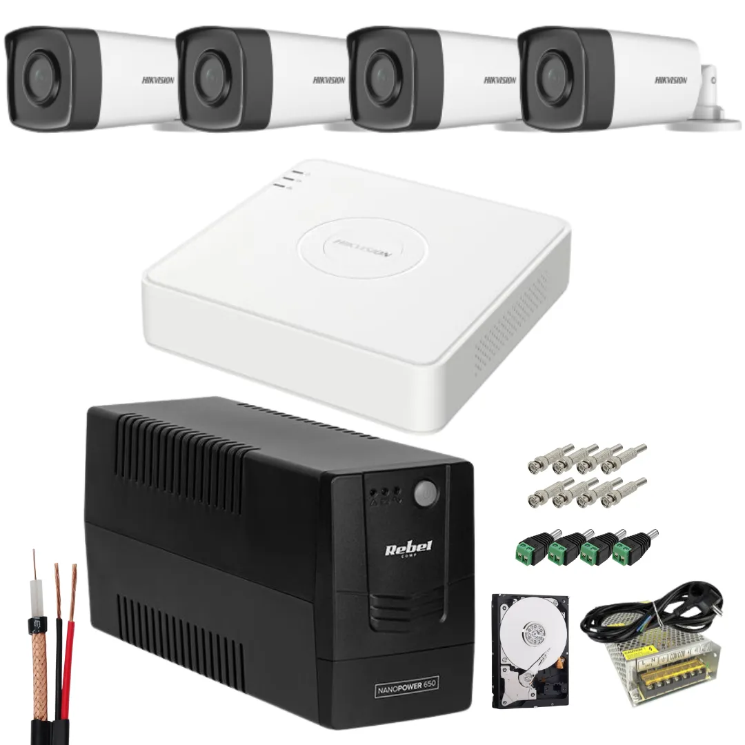Kit sistem profesional 4 camere supraveghere FULL HD 40 m IR HIKVISION complet, lentila 2.8mm+ accesorii +hard 1TB+UPS