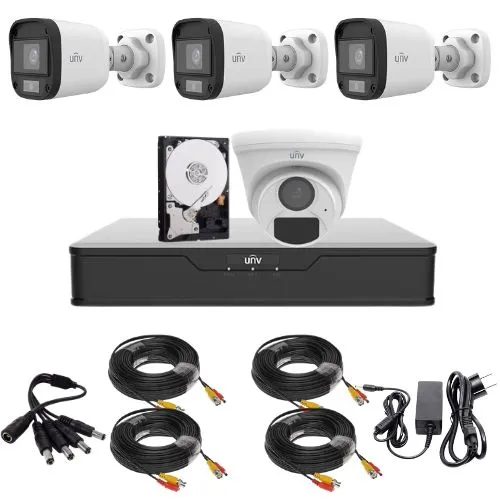 Kit supraveghere 3 mini camere Uniview, ColorHunter, 5MP 2K+, Lumina Alba 20m, Vedere color pe timp de noapte, 1 camera dome 2MP, IR 20m, Microfon, Accesorii montaj, Vizualizare de pe telefon