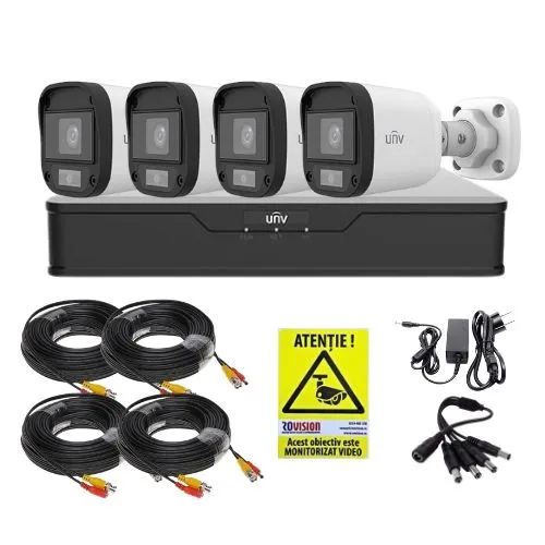 Kit supraveghere 4 mini camere Uniview, 5MP,  ColorHunter, 5MP 2K+, Lumina Alba 20m, Vedere color pe timp de noapte, DVR 4 canale, Accesorii montaj, Vizualizare de pe telefon