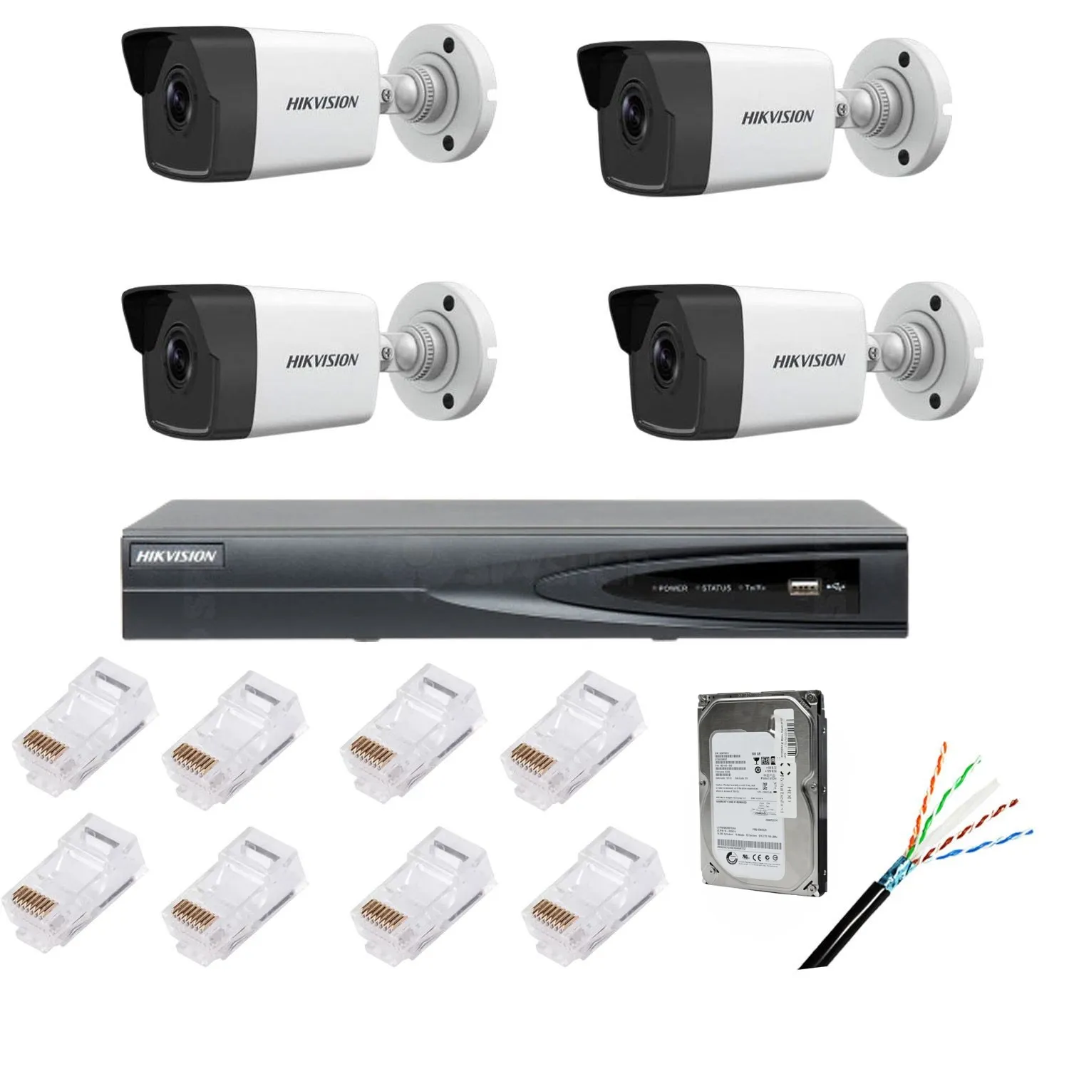 Kit supraveghere complet cu 4 camere IP, 4MP, lentilă 2.8mm, IR 30m, NVR 4 canale IP rezoluție 4k, accesorii