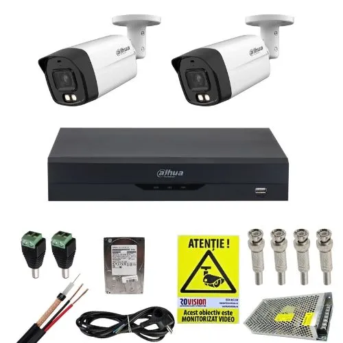 Kit supraveghere complet Dahua 2 camere 2MP Dual Light 40m Microfon, DVR 4 canale 5MP WizSense, accesorii, HDD + Cadou Autocolant Rovision