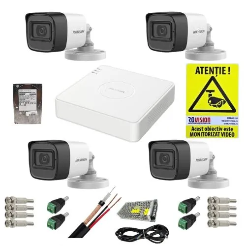 Kit supraveghere complet Hikvision 4 camere 5MP IR 30M Audio, DVR 4 canale 8MP AcuSense, accesorii, HDD 1TB + CADOU Autocolant Rovision