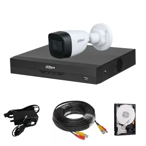 Kit supraveghere Dahua, 1 camera 2MP, lentila 2.8mm, IR 30m, DVR  4 canale, 5MP, 1 x HDD, accesorii